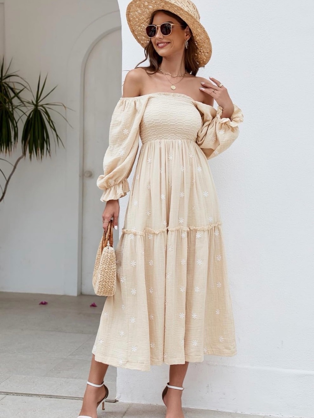 Cream Maxi Dress with Puff Sleeves